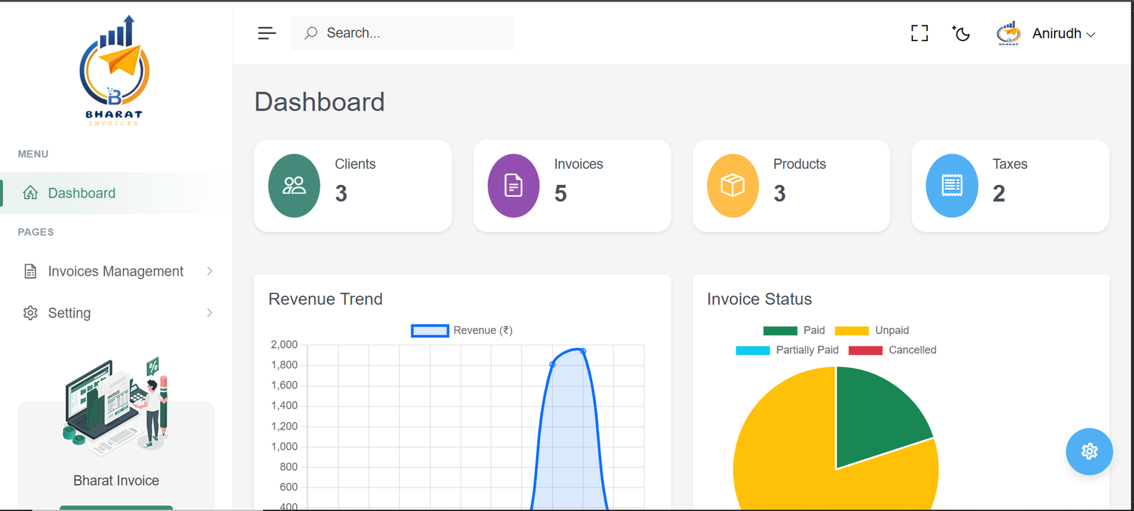 Bharat Invoice GST Billing Dashboard Interface